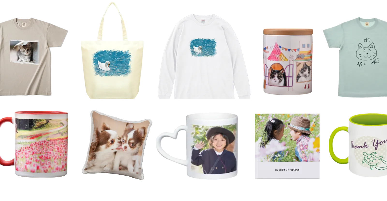 Tシャツ、マグカップ、トートバッグ、クッション、キャンバスプリントなどパレットプラザアプリで作れるグッズ一覧